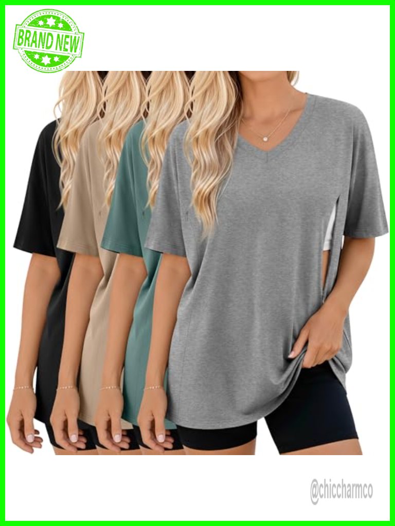 4 Pack Oversize Nursing Tops Breastfeeding Hidden Zipper Maternity Tees